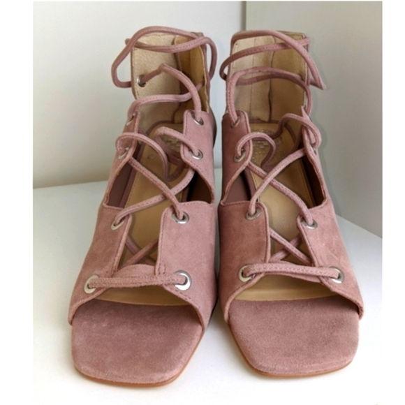 Vince Camuto Nahara pink chunky heel sandal dry rose suede 7.5 lace up - Picture 2 of 5